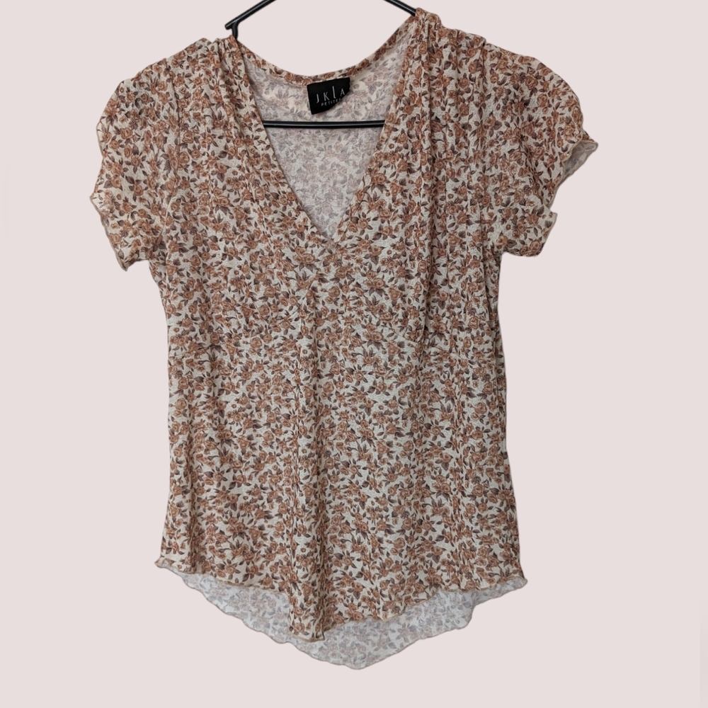 Floral Tan/Beige y2k V Neck Blouse Shirt Women Size Medium